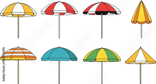 Beach umbrellas set colorful summer sunshade parasol vector illustration seaside vacation accessories outdoor relaxation design elements
