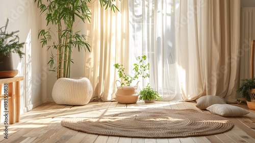 Boho minimalist living room with natural sunlight soft curtains and indoor plants cozy interior