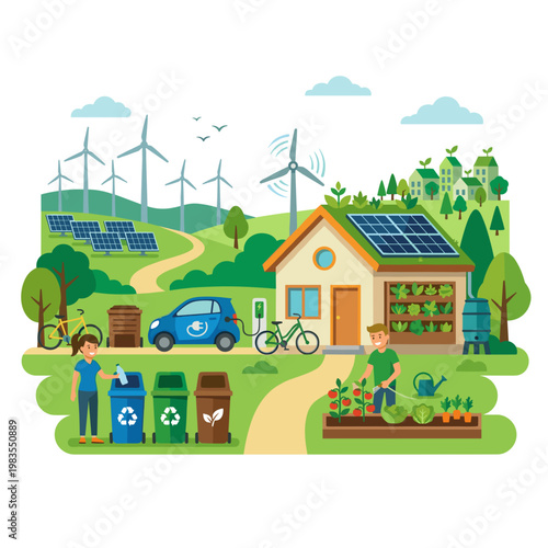 A sustainable community features eco-friendly houses, wind turbines, and solar panels.