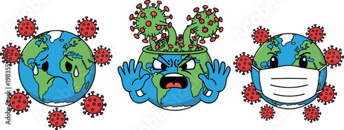 Coronavirus global pandemic vector illustration with earth characters virus infection mask protection and environmental health concept collection