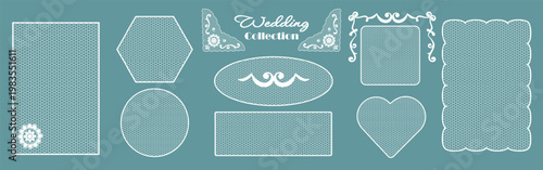 Elegant white tulle frame collection inspired by bridal veil fabric. Whimsical lace doilies. For wedding invitations, luxury stationery, overlays, soft romantic design projects. Vector illustration