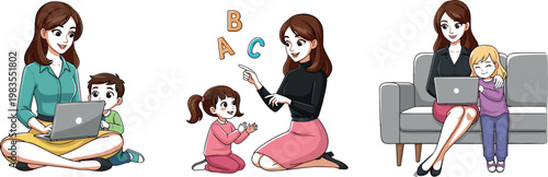Mother and child learning vector set with parenting education laptop study alphabet teaching family illustration collection