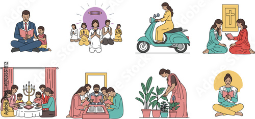Indian lifestyle activities vector set with family prayer reading scooter riding and daily routine cultural illustration collection