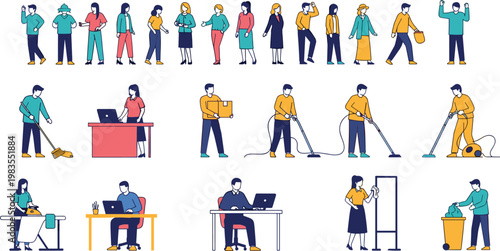 People daily activities vector set with working cleaning office tasks and lifestyle routine diverse characters illustration collection