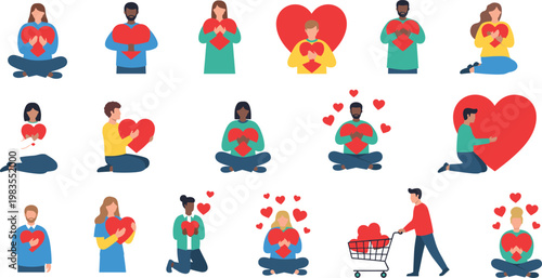 People holding hearts vector collection with love compassion kindness donation and emotional support diverse characters illustration set