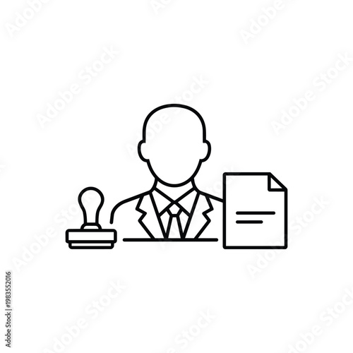 Notary public profession black and white vector icon of notary public with document and stamp