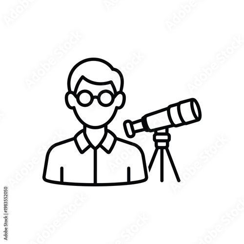 Astronomer profession black and white vector icon with astronomer and telescope line illustration