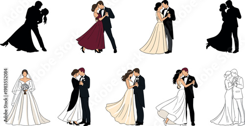 Wedding couples and silhouettes vector set with bride and groom dancing romantic poses elegant marriage illustration collection