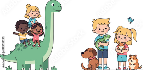 Cute kids with pets and dinosaur vector illustration set with children animals friendship playful cartoon characters collection
