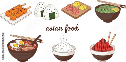Asian food set sushi ramen rice bowls vector illustration traditional cuisine meal collection delicious design