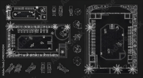Pool and Leisure Area Layout with Relaxing People Blueprint Icon Set – Multi View AutoCAD Resort Landscape Technical Drawing White Outline on Black Background