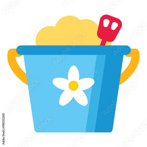 Bright blue bucket filled with sand and a red shovel for beach fun