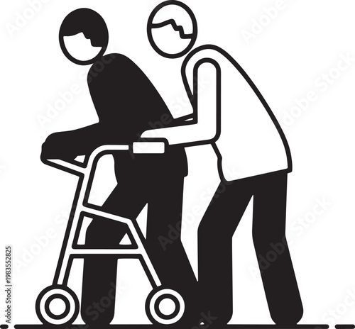Caregiver assisting elderly person with walker, providing support and mobility assistance for seniors.