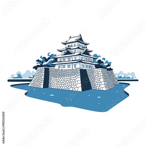 Stylized vector illustration of traditional Japanese castle and moat