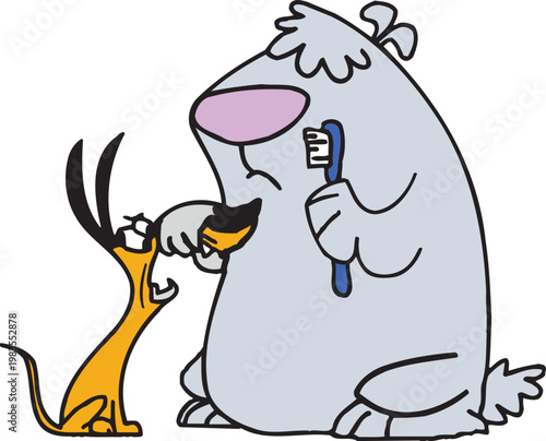 Cartoon character dog brushing small dog teeth with toothbrush, big dog teaching small dog dental hygiene. t-shirt design