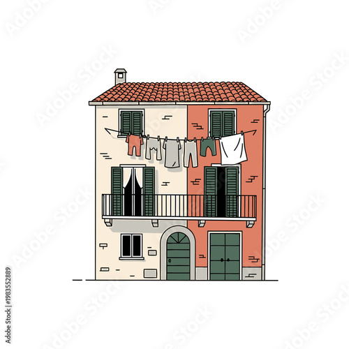 Mediterranean House Illustration with Laundry and Balcony