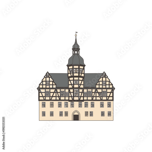 Medieval German Half Timbered Town Hall Vector Illustration
