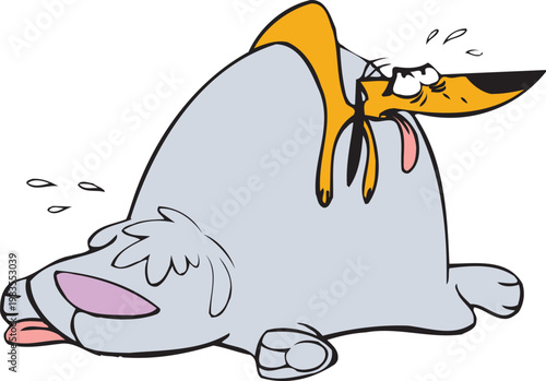 Cartoon dog tired after long day, with funny expression on face, drops of sweat around it, outline style drawing. t-shirt design