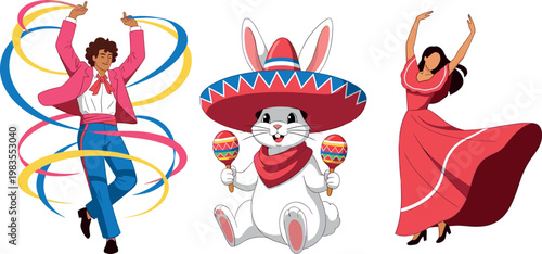 Mexican fiesta vector set with dancing people rabbit in sombrero maracas and traditional celebration characters colorful illustration collection