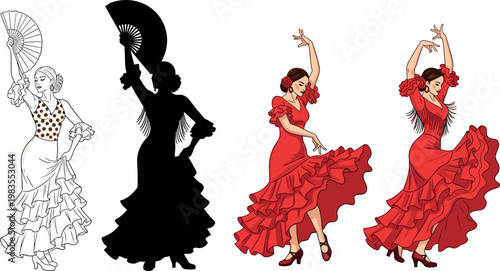 Flamenco dancers vector set with fan silhouette line art and red dress Spanish dance performance illustration collection