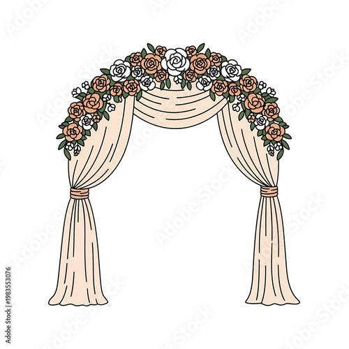 Wedding arch with floral arrangement and draped fabric vector