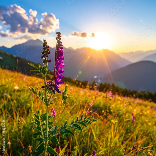 A serene mountain meadow at sunset with vibrant wildflowers
