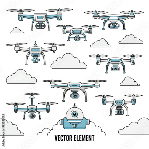 Collection of Drone Vector Illustrations and Clouds