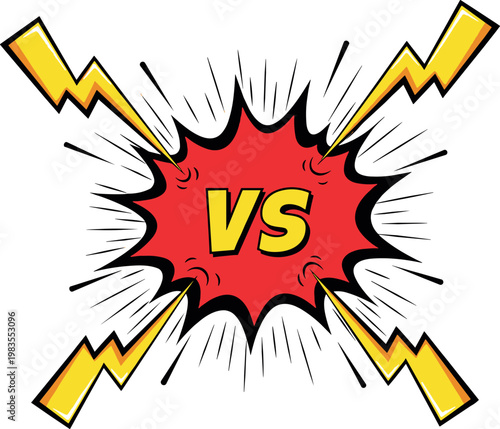 Comic style versus explosion badge with lightning bolts dynamic pop art battle symbol isolated on light background