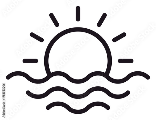 Fotografía Minimalist black vector icon illustration of a sun rising or setting over ocean waves, featuring clean lines and a simple silhouette design for travel, summer, or nature-themed projects