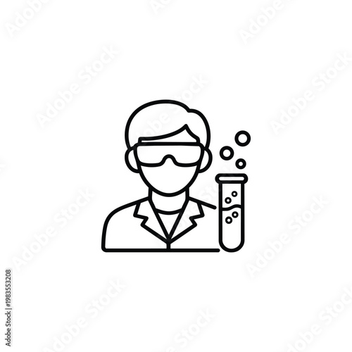 Black and white scientist profession icon scientist with safety goggles and chemical test tube line vector illustration