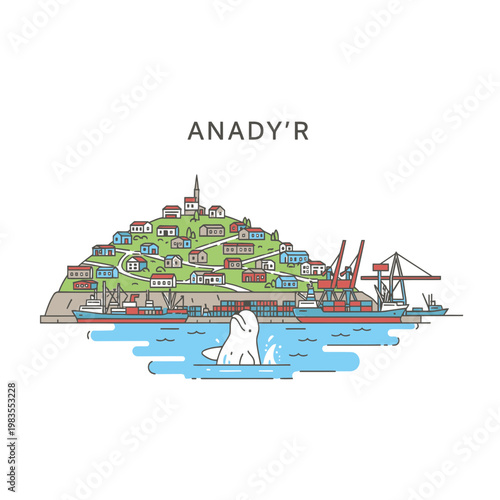 Anadyr Russia Port City Vector Illustration with Beluga Whale
