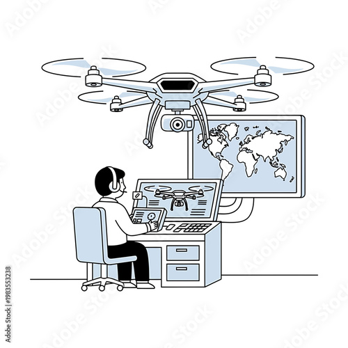 Remote Drone Pilot Operating UAV in Control Center Illustration
