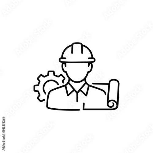 Engineer profession icon black and white vector engineer with hard hat gear and blueprint engineering job illustration