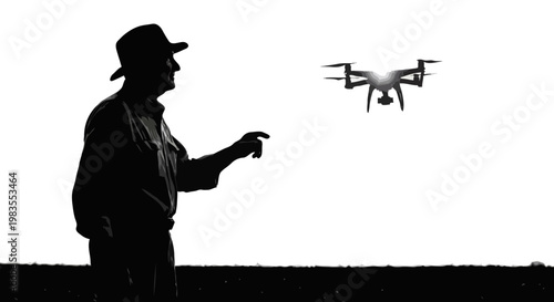 Man Silhouette Controlling Drone Outdoors — Agricultural Technology Black and White