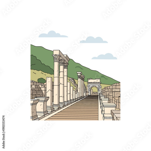 Vector Illustration of Ancient Roman Ruins in Ephesus Turkey