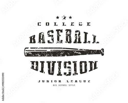 College baseball division junior league logo with distressed typography and sport bat silhouette in retro old school style. t-shirt design