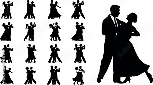 Ballroom dance silhouettes vector collection with multiple couples performing elegant partner dances waltz tango romantic poses illustration set