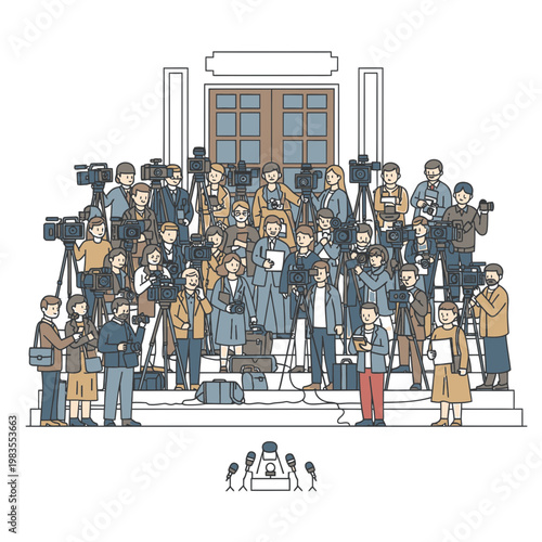 Reporters and Media Crews at Outdoor Press Conference Illustration