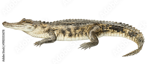 A side profile of a reptile with a long snout, rough scales, and short limbs, isolated