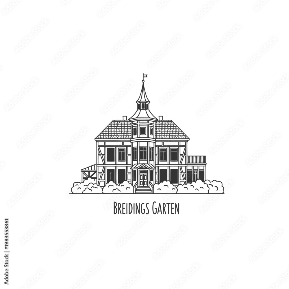 Naklejka premium Breidings Garten Historical Villa Line Art Vector Illustration
