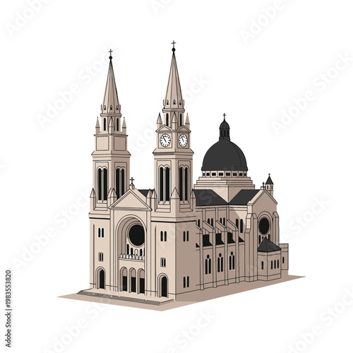 Vector Illustration of a Gothic Style Cathedral on White Background