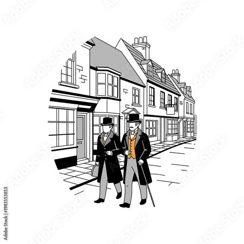 Victorian Gentlemen Walking on a Historic Street Illustration