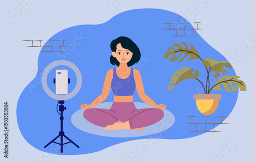 An online yoga lesson from a blogger who records a meditation video at home on her smartphone. This is an online concept for creating a blog.