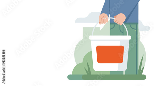 Worker Holding White 5 Gallon Bucket with Orange Label Flat Vector