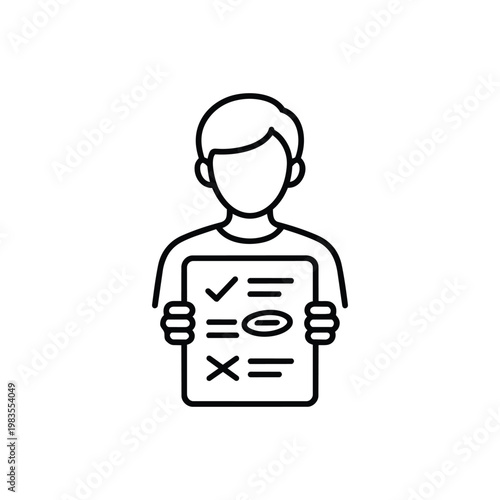 Black and white vector profession icon person holding checklist evaluation form profession illustration for job assessment profession concept
