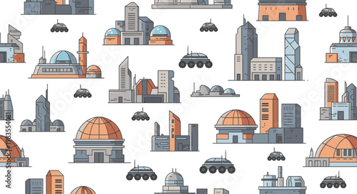 Futuristic Mars Colony and Space Base Seamless Vector Pattern