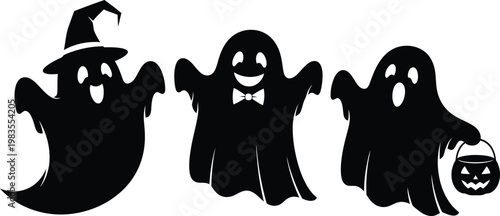 Spooky halloween silhouettes a witch ghost and haunted house with jack o' lantern