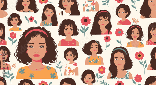 Seamless vector pattern with diverse female portraits and flowers