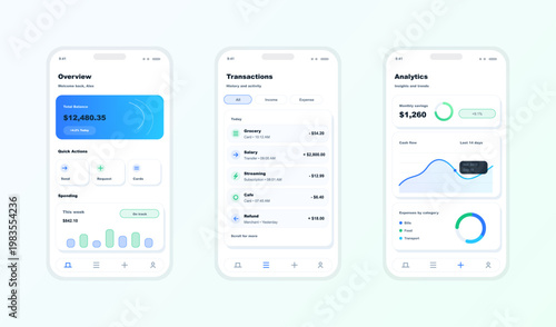 Personal Finance Mobile App UI Screens with Analytics. Clean personal finance mobile app interface showing overview, transactions, and analytics screens with balance cards, spending insights. Vector