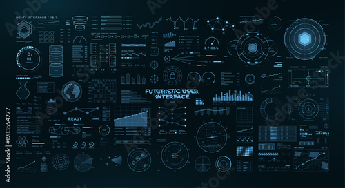 Futuristic Sci-fi HUD elements pack. Collection futuristic user elements - circle devices, hi-tech gadgets, charts, frames, schemes, cyberpunk indicators, graphs. Sci-fi HUD elements, UI, UX. Vector 